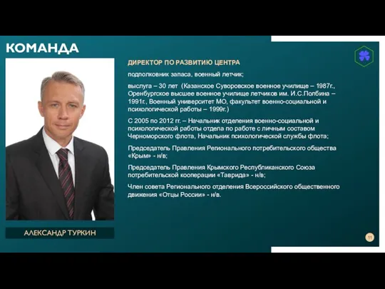 ДИРЕКТОР ПО РАЗВИТИЮ ЦЕНТРА подполковник запаса, военный летчик; выслуга –