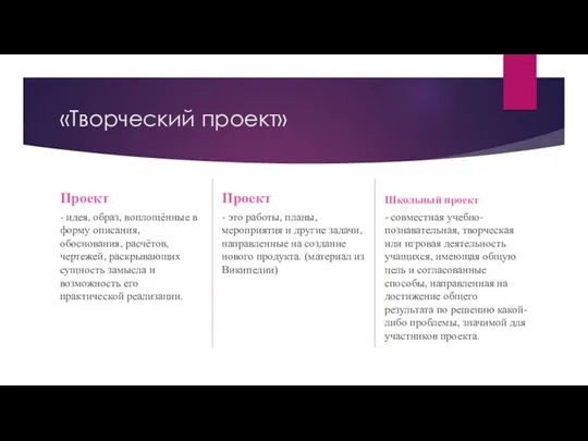 «Творческий проект» Проект - идея, образ, воплощённые в форму описания,