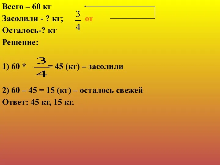 Всего – 60 кг Засолили - ? кг; от Осталось-?