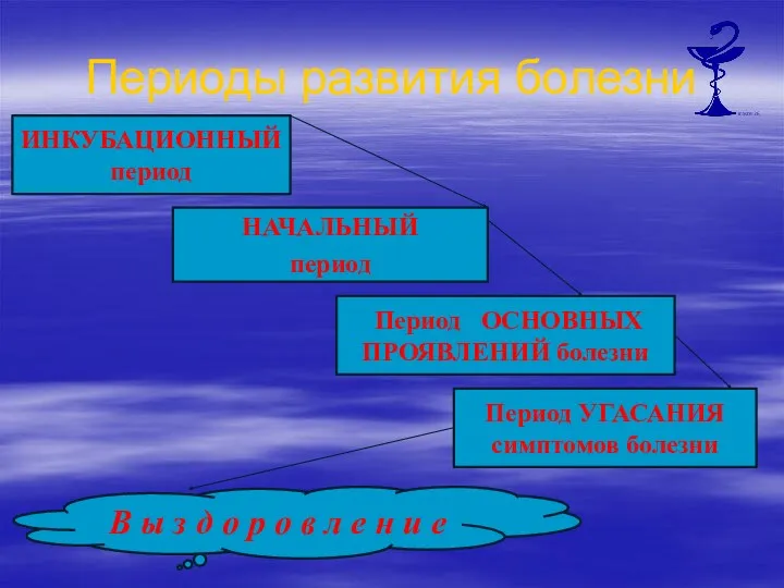 Периоды развития болезни ИНКУБАЦИОННЫЙ период НАЧАЛЬНЫЙ период Период ОСНОВНЫХ ПРОЯВЛЕНИЙ