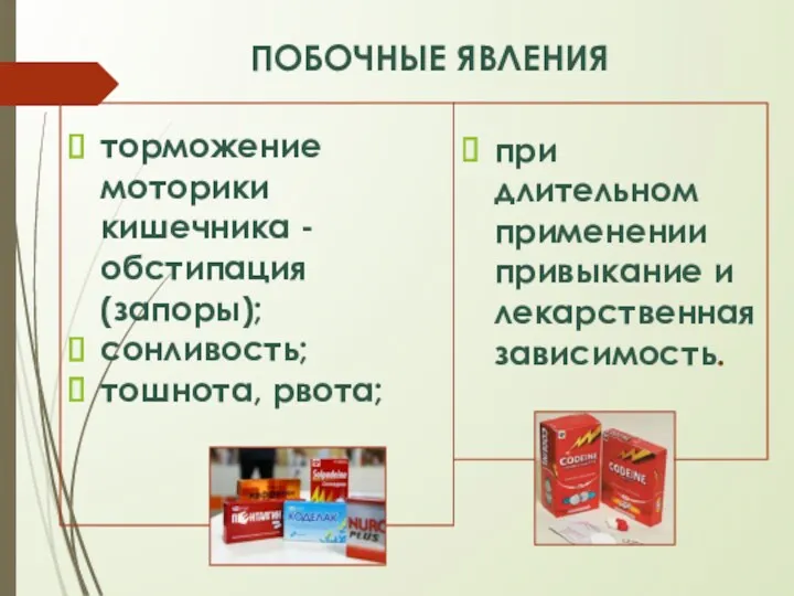 ПОБОЧНЫЕ ЯВЛЕНИЯ торможение моторики кишечника - обстипация (запоры); сонливость; тошнота,