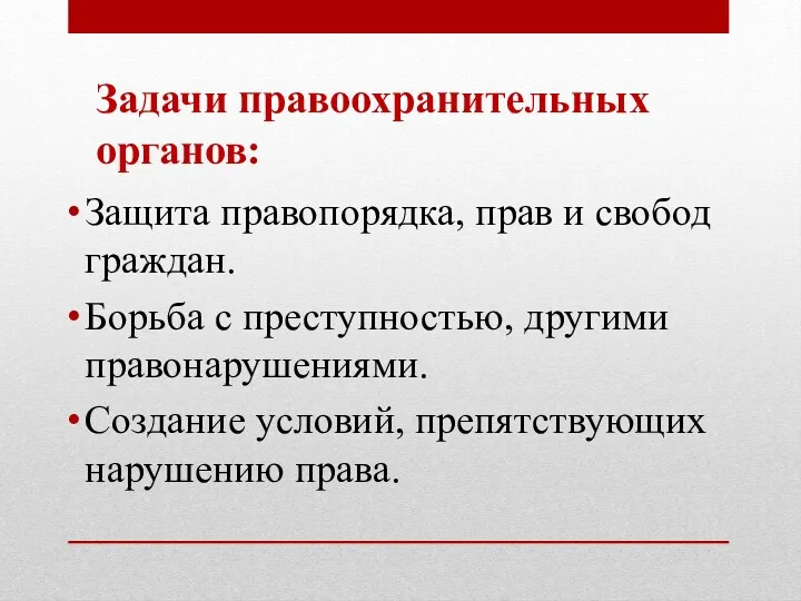 Задачи правоохранительных органов: Защита правопорядка, прав и свобод граждан. Борьба