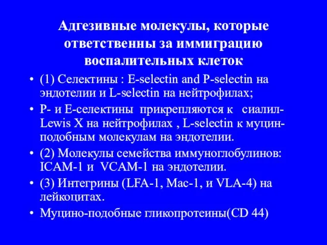 Адгезивные молекулы, которые ответственны за иммиграцию воспалительных клеток (1) Селектины