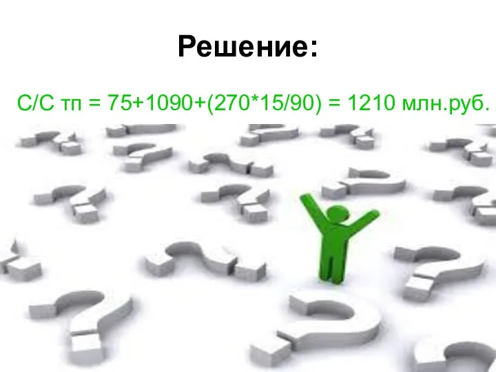 Решение: С/С тп = 75+1090+(270*15/90) = 1210 млн.руб.