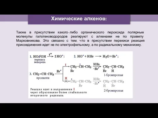 Химические алкенов: Также в присутствии какого-либо органического пероксида полярные молекулы