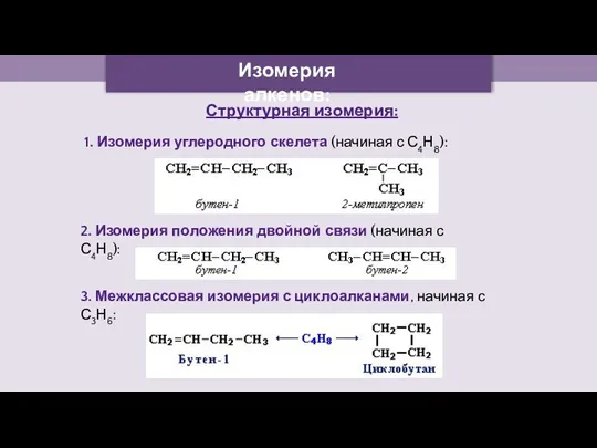 Изомерия алкенов: Структурная изомерия: 1. Изомерия углеродного скелета (начиная с