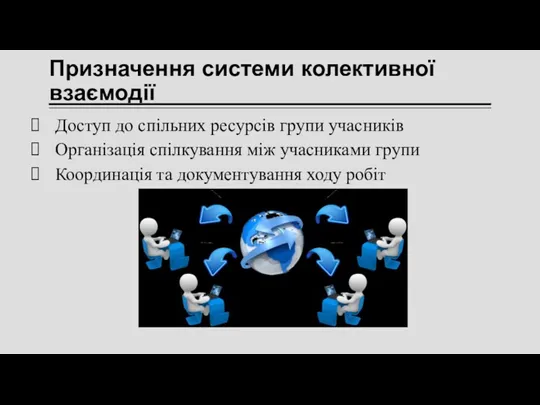 Призначення системи колективної взаємодії Доступ до спільних ресурсів групи учасників