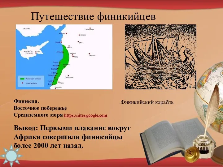 Путешествие финикийцев Финикия. Восточное побережье Средиземного моря https://sites.google.com Вывод: Первыми