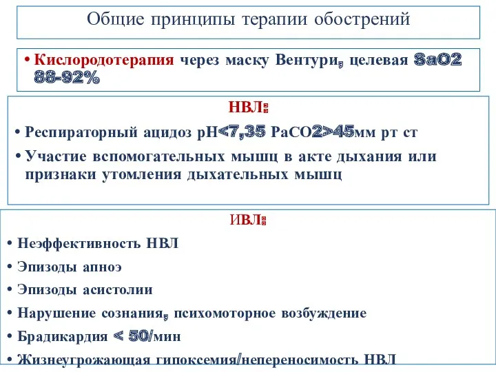 Общие принципы терапии обострений Кислородотерапия через маску Вентури, целевая SaO2