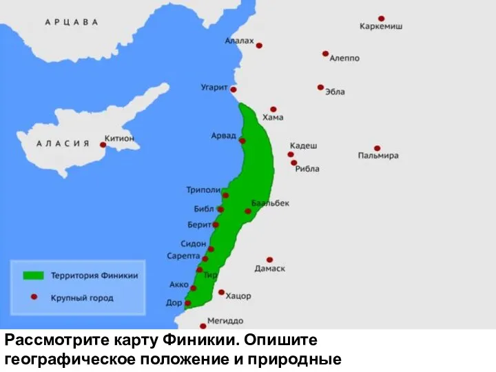 Рассмотрите карту Финикии. Опишите географическое положение и природные условия страны.