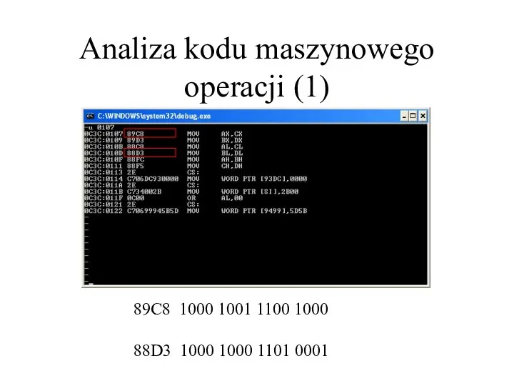 Analiza kodu maszynowego operacji (1) 89C8 1000 1001 1100 1000 88D3 1000 1000 1101 0001