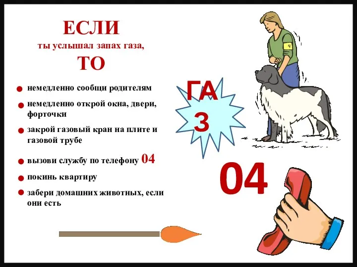 немедленно сообщи родителям немедленно открой окна, двери, форточки закрой газовый