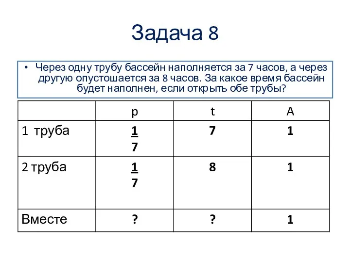 Задача 8 Через одну трубу бассейн наполняется за 7 часов,