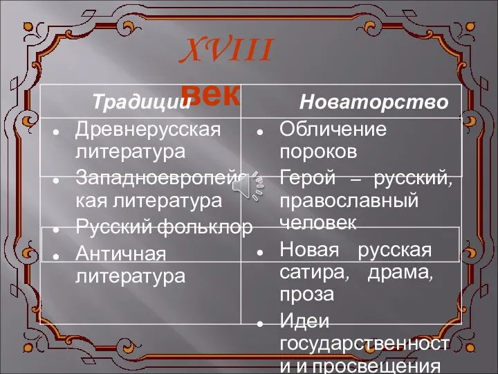XVIII век Традиции Древнерусская литература Западноевропейская литература Русский фольклор Античная