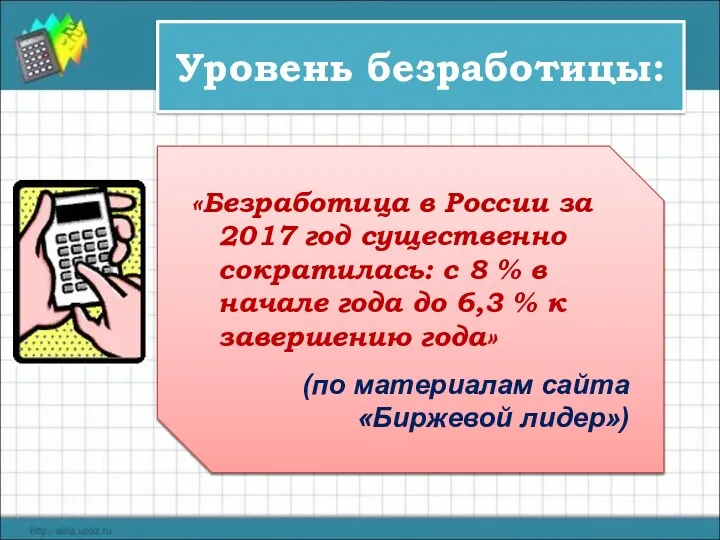 Уровень безработицы: Число безработных Трудоспособное население Х 100 % «Безработица