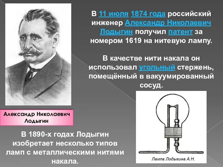 Александр Николаевич Лодыгин В 11 июля 1874 года российский инженер