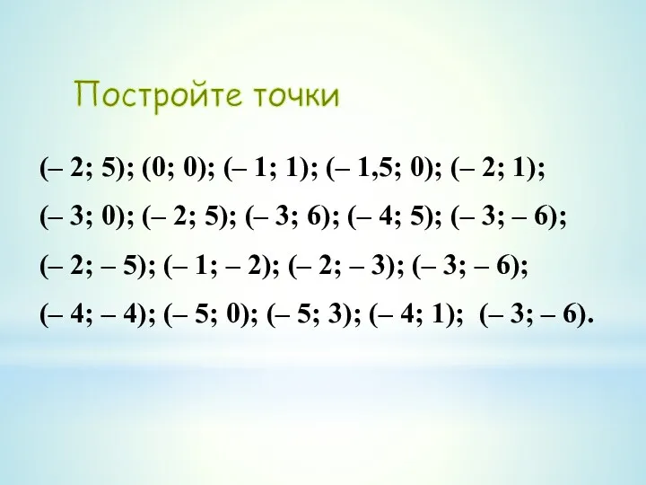 Постройте точки (– 2; 5); (0; 0); (– 1; 1); (– 1,5; 0);