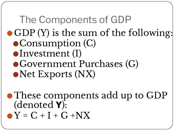The Components of GDP GDP (Y) is the sum of