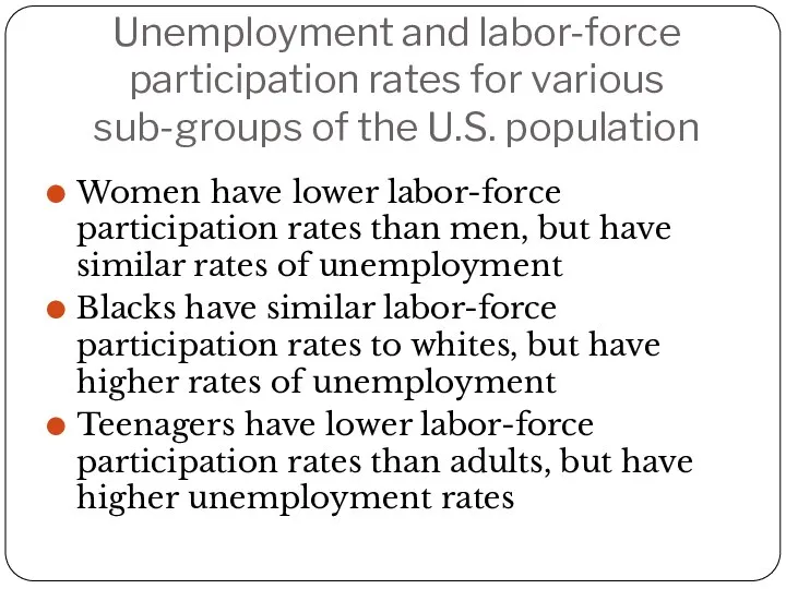 Unemployment and labor-force participation rates for various sub-groups of the