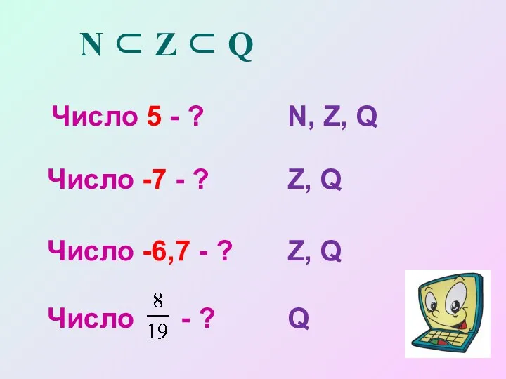 N ⊂ Z ⊂ Q Число 5 - ? N, Z, Q Число
