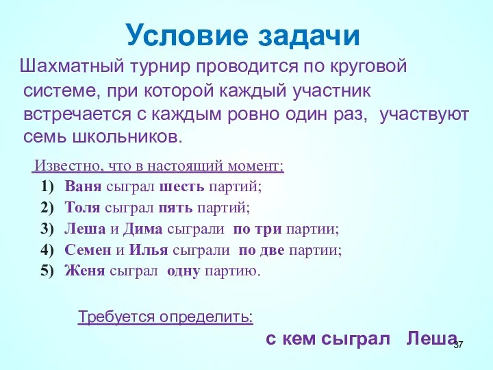 Известно, что в настоящий момент: Ваня сыграл шесть партий; Толя