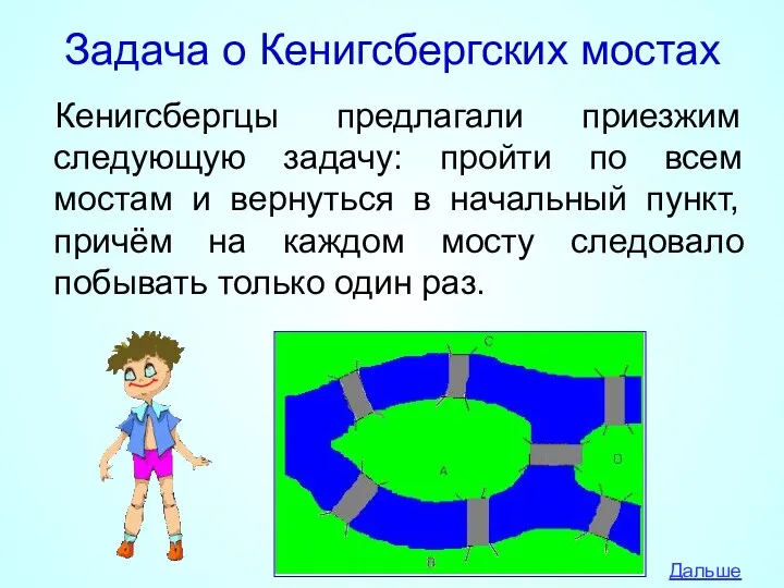 Задача о Кенигсбергских мостах Кенигсбергцы предлагали приезжим следующую задачу: пройти