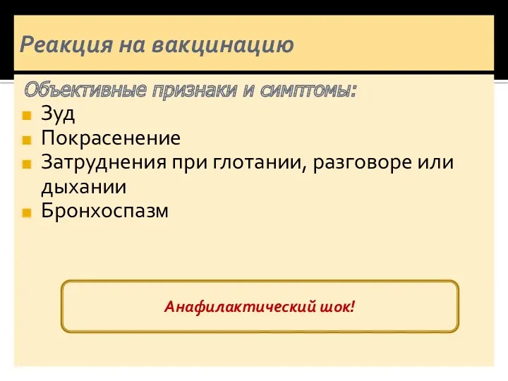 Реакция на вакцинацию Объективные признаки и симптомы: Зуд Покрасенение Затруднения