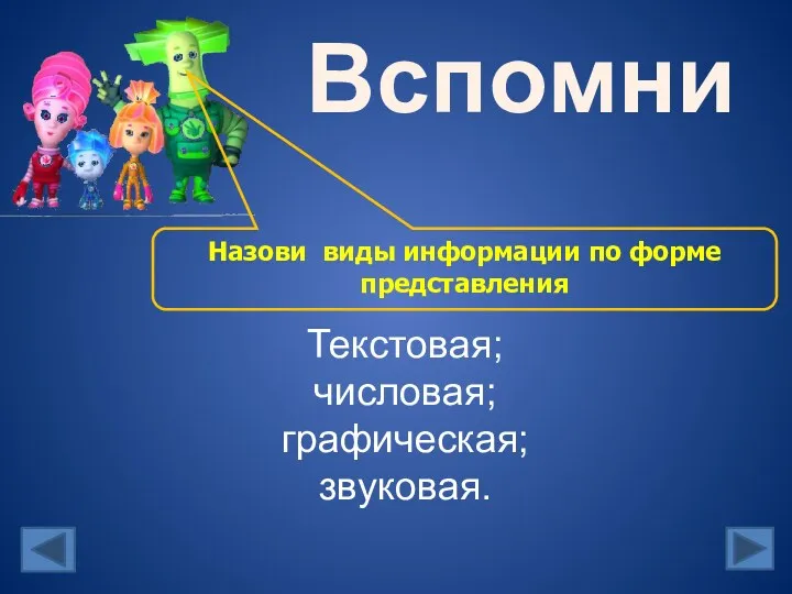 Вспомни Назови виды информации по форме представления Текстовая; числовая; графическая; звуковая.