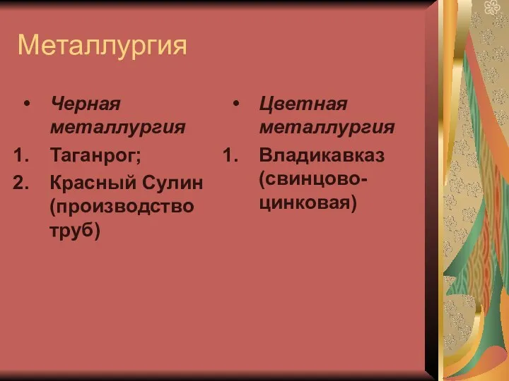 Металлургия Черная металлургия Таганрог; Красный Сулин (производство труб) Цветная металлургия Владикавказ (свинцово-цинковая)