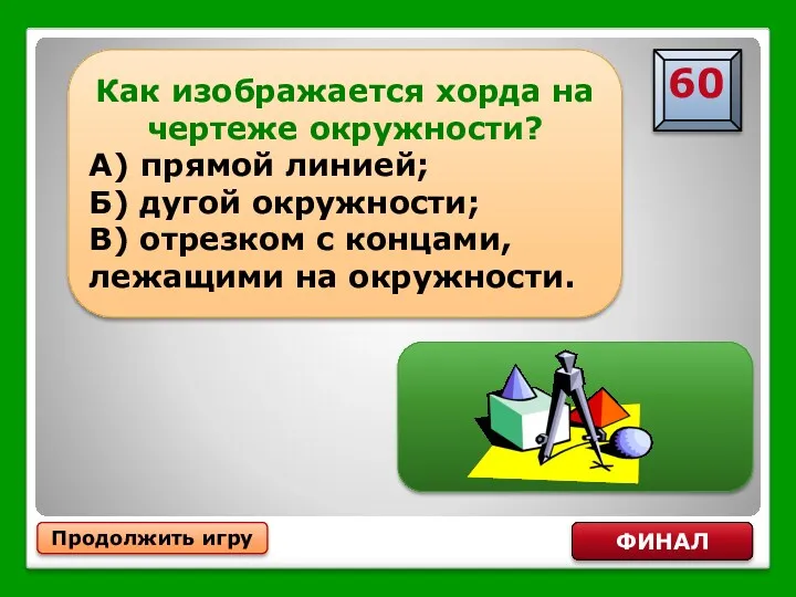 Продолжить игру ФИНАЛ Как изображается хорда на чертеже окружности? А)