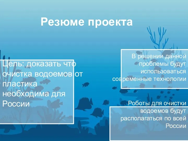 Резюме проекта Цель: доказать что очистка водоемов от пластика необходима