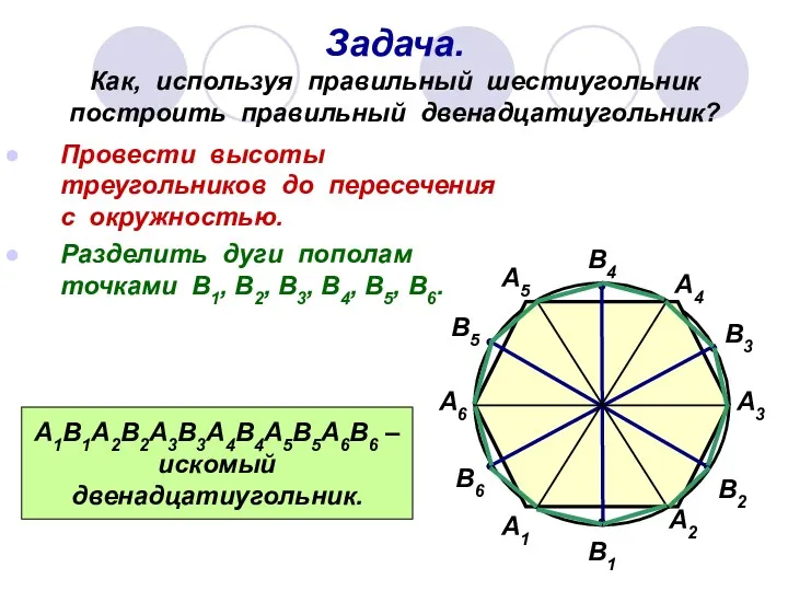 Задача. Как, используя правильный шестиугольник построить правильный двенадцатиугольник? Провести высоты