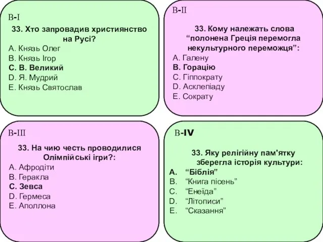 33. Хто запровадив християнство на Русі? А. Князь Олег В.