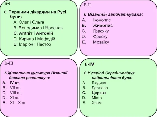 6. Першими лікарями на Русі були: А. Олег і Ольга