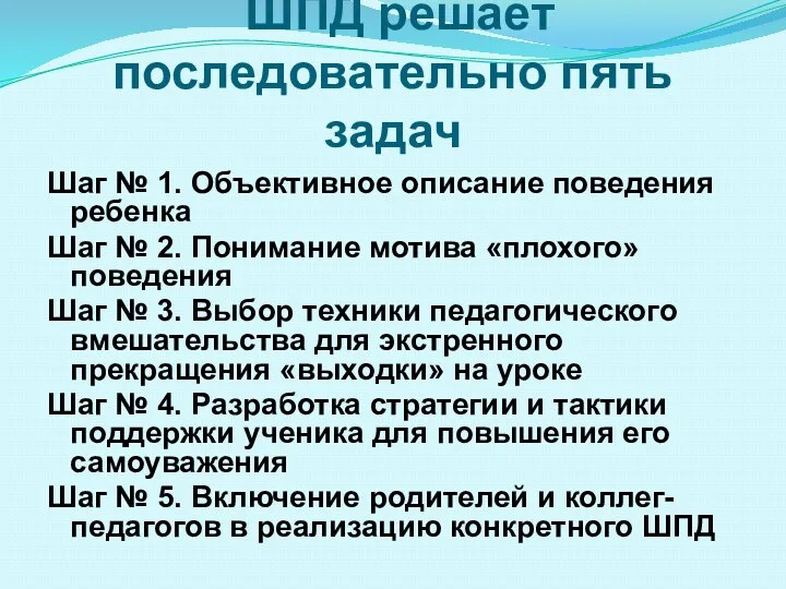 ШПД решает последовательно пять задач Шаг № 1. Объективное описание