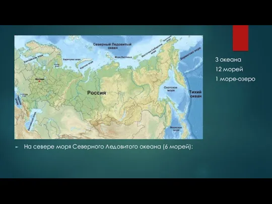 На севере моря Северного Ледовитого океана (6 морей): 3 океана 12 морей 1 море-озеро