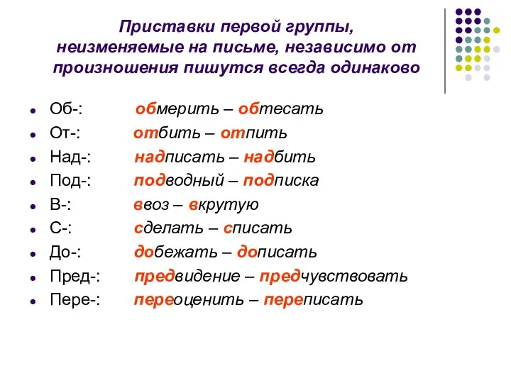 Приставки первой группы, неизменяемые на письме, независимо от произношения пишутся