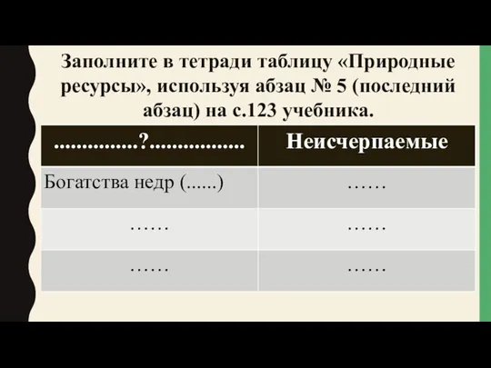 Заполните в тетради таблицу «Природные ресурсы», используя абзац № 5 (последний абзац) на с.123 учебника.