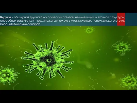 Вирусы – обширная группа биологических агентов, не имеющих клеточной структуры, способных развиваться и