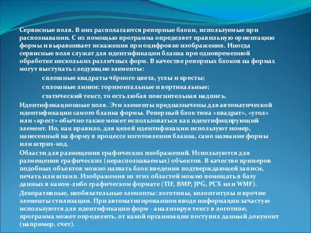 Сервисные поля. В них располагаются реперные блоки, используемые при распознавании.