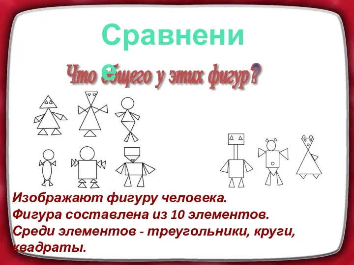 Что общего у этих фигур? Изображают фигуру человека. Фигура составлена