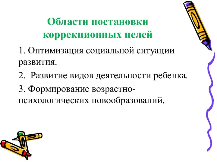 Области по­становки коррекционных целей 1. Оптимизация социальной ситуации развития. 2.