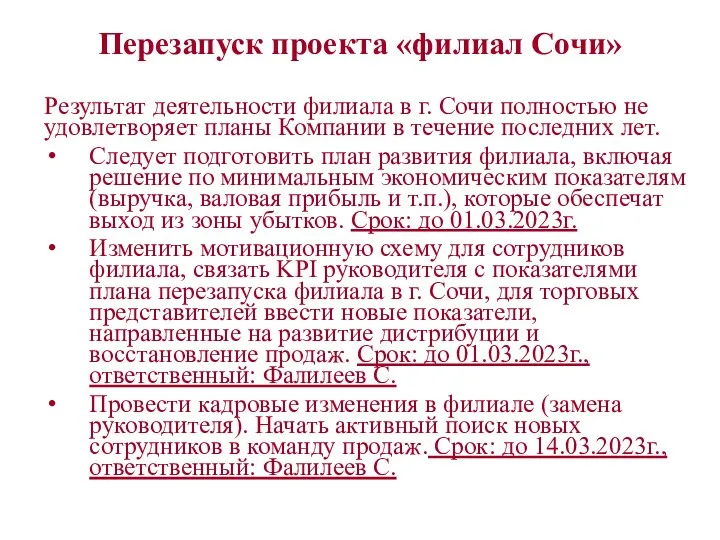 Перезапуск проекта «филиал Сочи» Результат деятельности филиала в г. Сочи