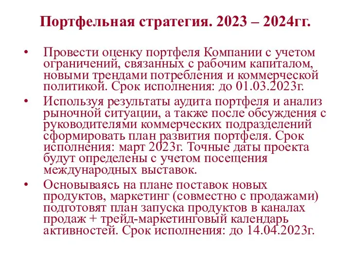 Портфельная стратегия. 2023 – 2024гг. Провести оценку портфеля Компании с