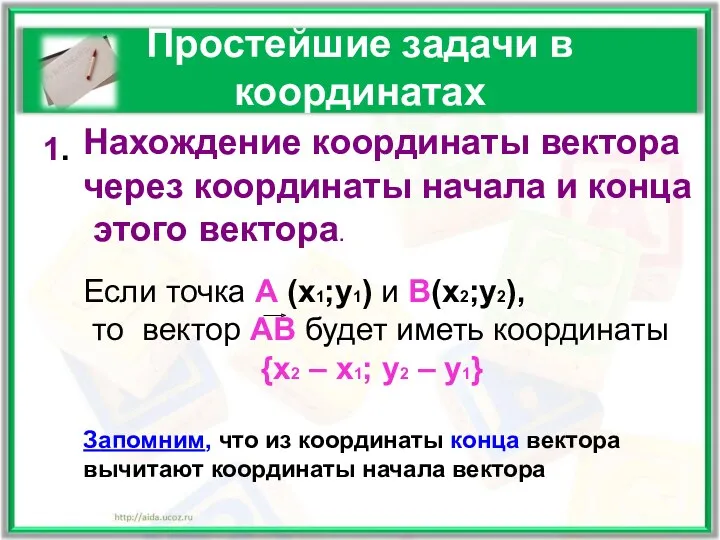 Простейшие задачи в координатах 1. Нахождение координаты вектора через координаты