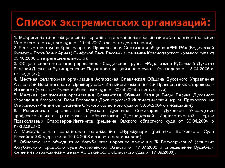 Список экстремистских организаций: 1. Межрегиональная общественная организация «Национал-большевистская партия» (решение