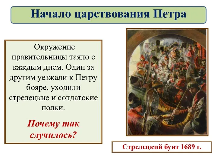 Стрелецкий бунт 1689 г. Окружение правительницы таяло с каждым днем.