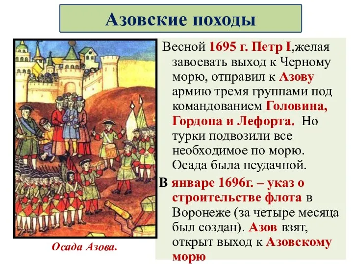 Весной 1695 г. Петр I,желая завоевать выход к Черному морю,