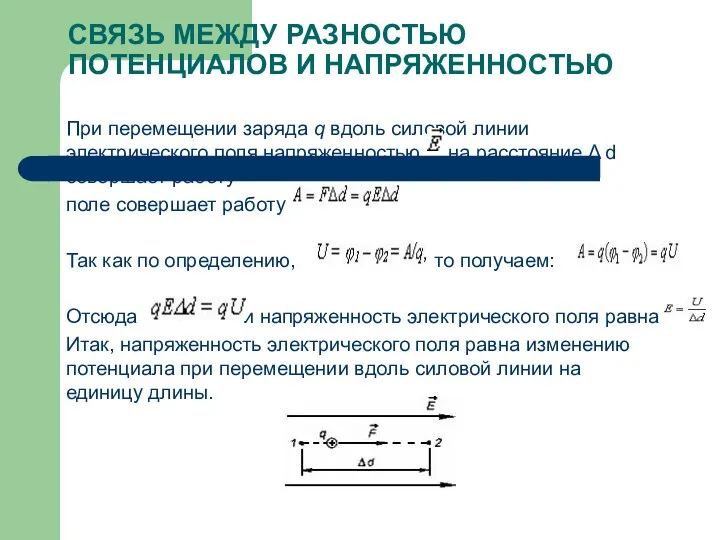 СВЯЗЬ МЕЖДУ РАЗНОСТЬЮ ПОТЕНЦИАЛОВ И НАПРЯЖЕННОСТЬЮ При перемещении заряда q