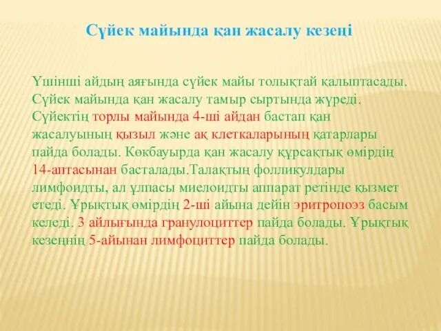 Үшінші айдың аяғында сүйек майы толықтай қалыптасады.Сүйек майында қан жасалу